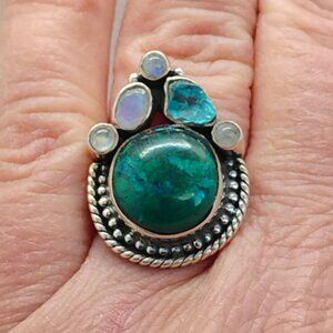Chrysocolla or Eliat Stone Moonstone Opal Topaz Sterling Silver Ring Size 9